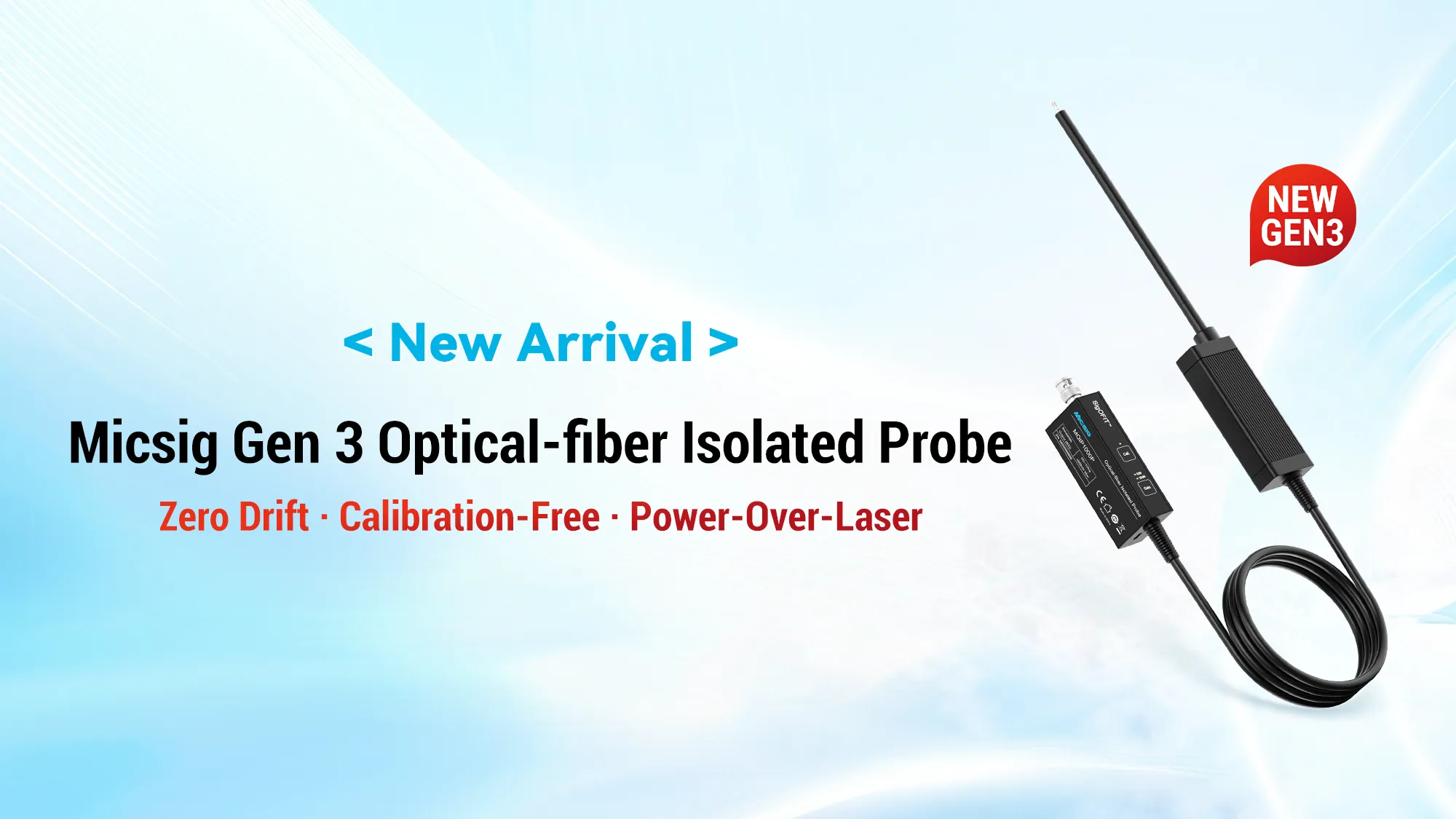 Micsig GEN3 optical isolated probe-calibration-free, zero drift, from &plusmn;0.01 V up to &plusmn;20 kV.