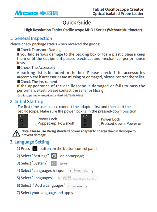 Quick Guide - High Resolution Tablet Oscilloscope MHO1 Series [Without Multimeter]