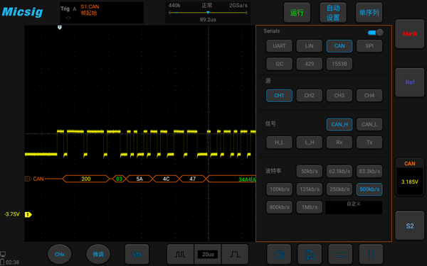 Oscilloscope serial bus decoding function